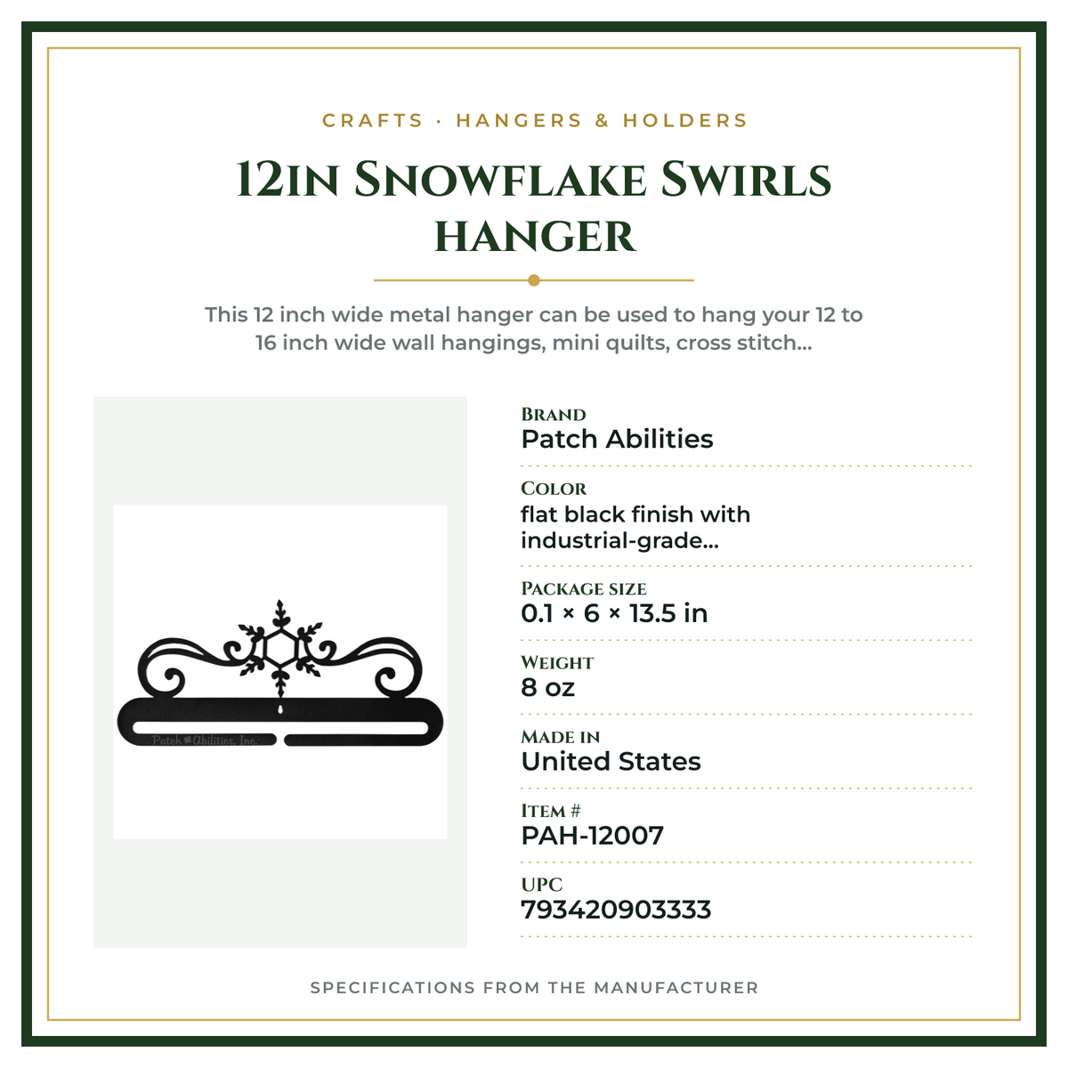 Product Specifications – 12in Snowflake Swirls hanger