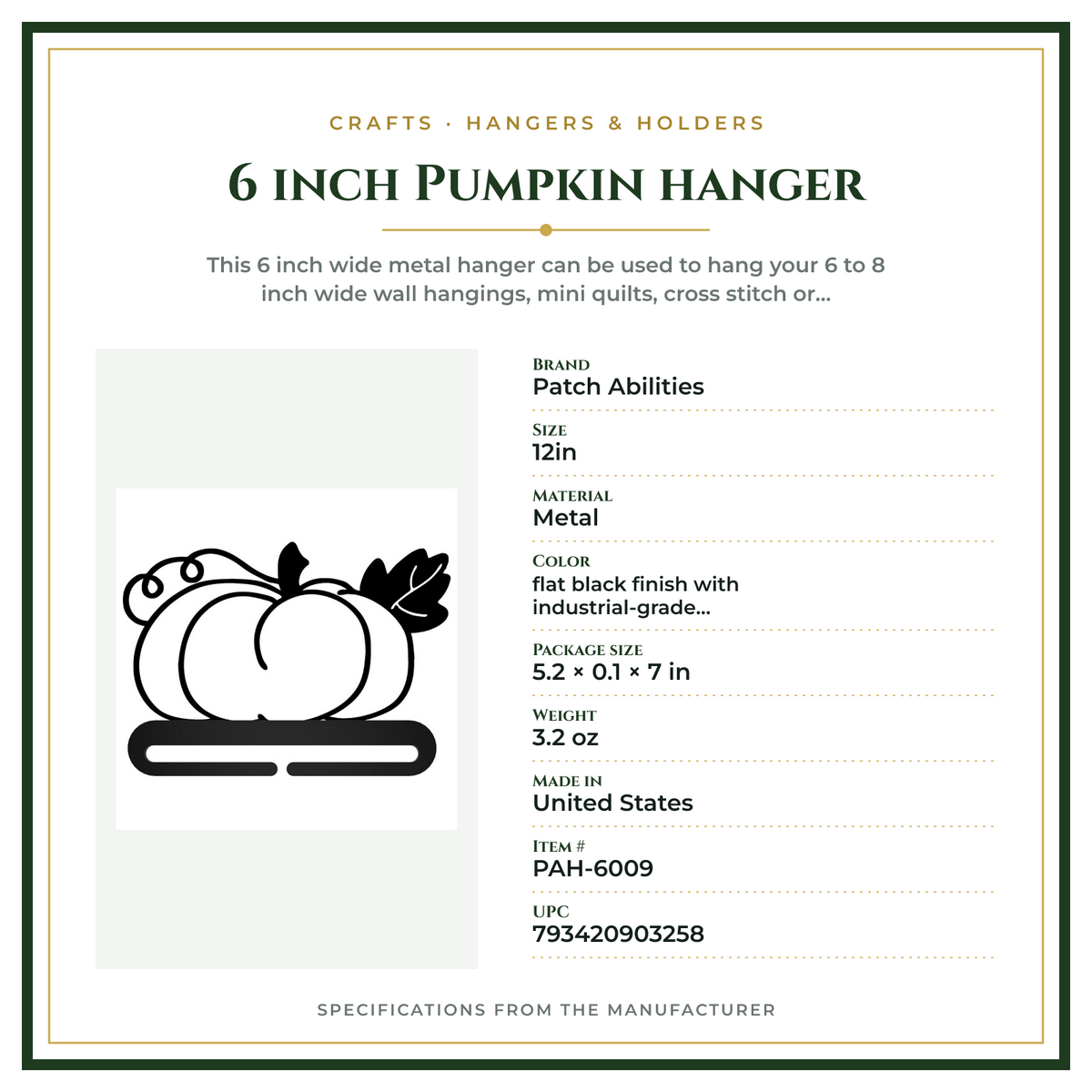 Product Specifications – 6 inch Pumpkin hanger