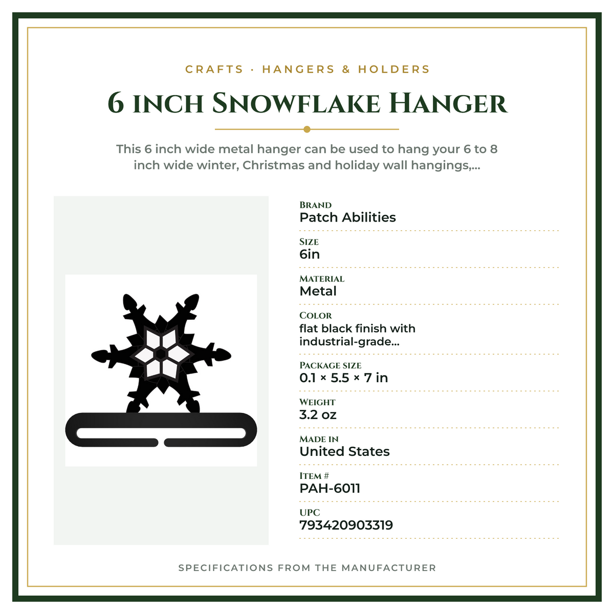 Product Specifications – 6 inch Snowflake Hanger