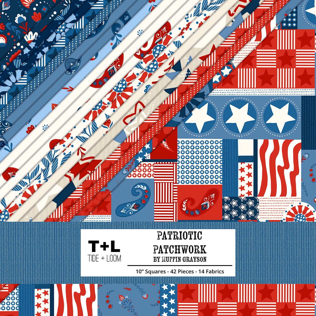 10in Squares, Patriotic Patchwork, 42pcs, 2-4 Pieces of Each Print