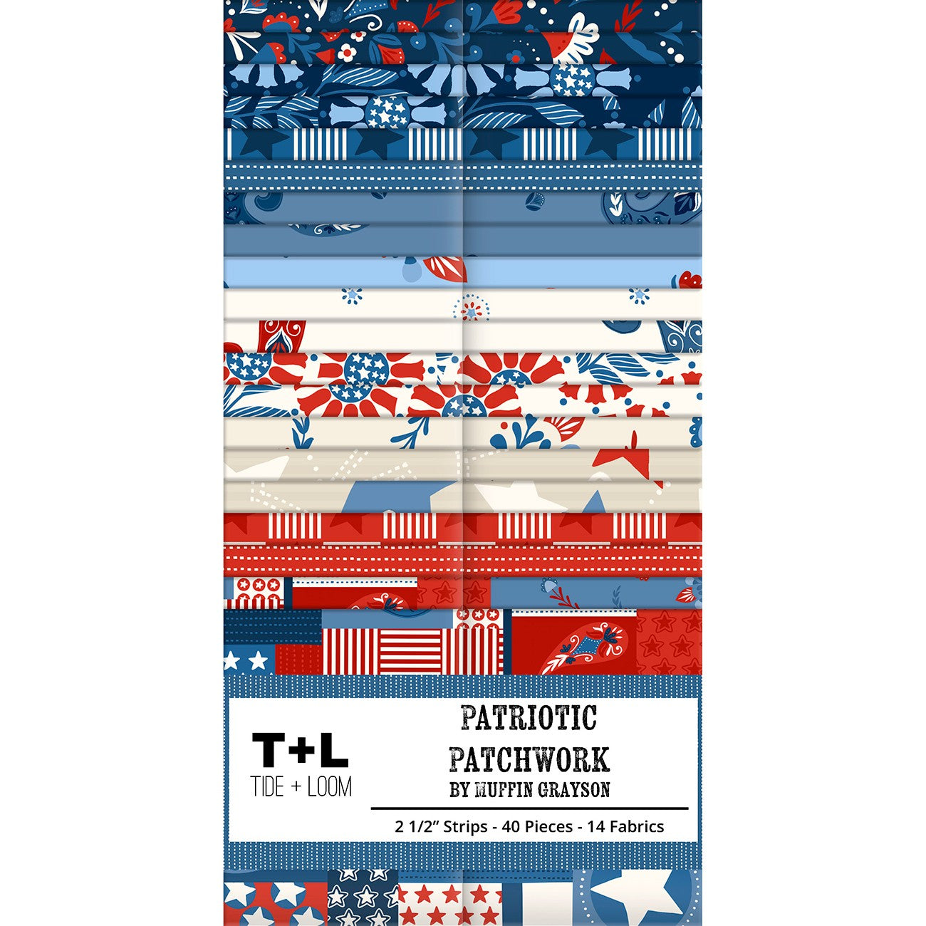 2.5in Strips, Patriotic Patchwork, 40pcs, 2-4 Pieces of Each Print
