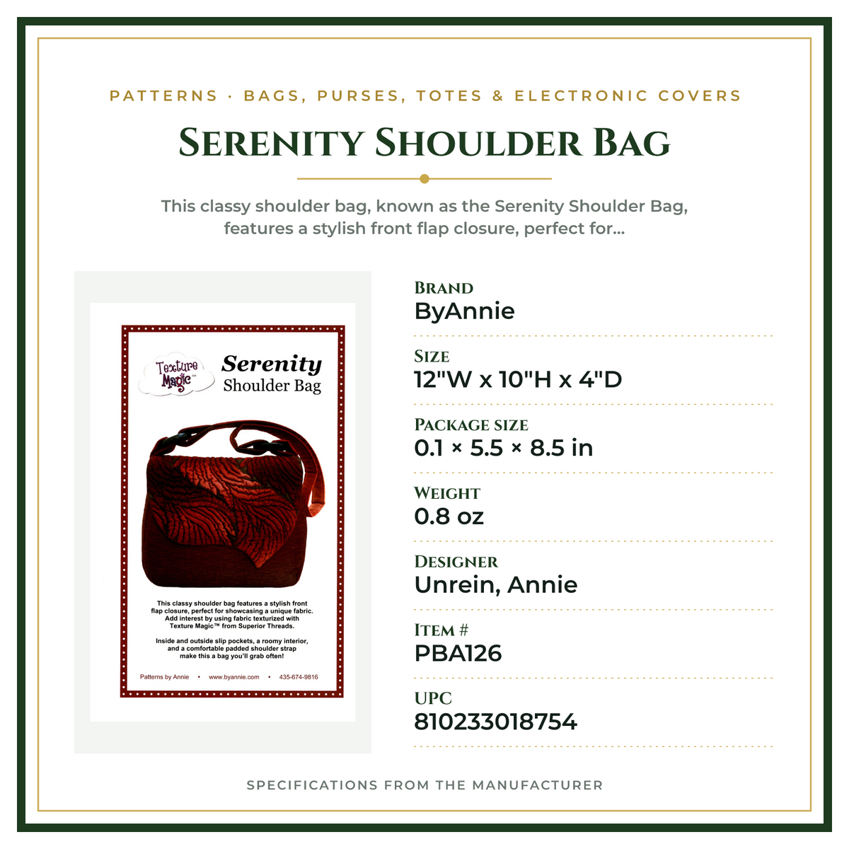 Product Specifications – Serenity Shoulder Bag
