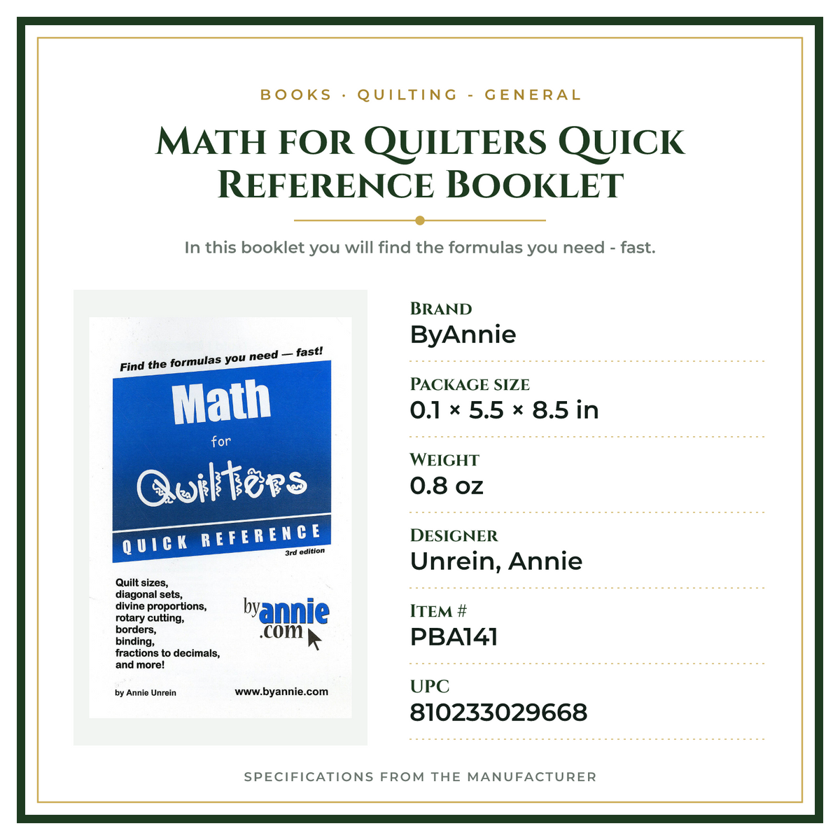 Product Specifications – Math for Quilters Quick Reference Booklet