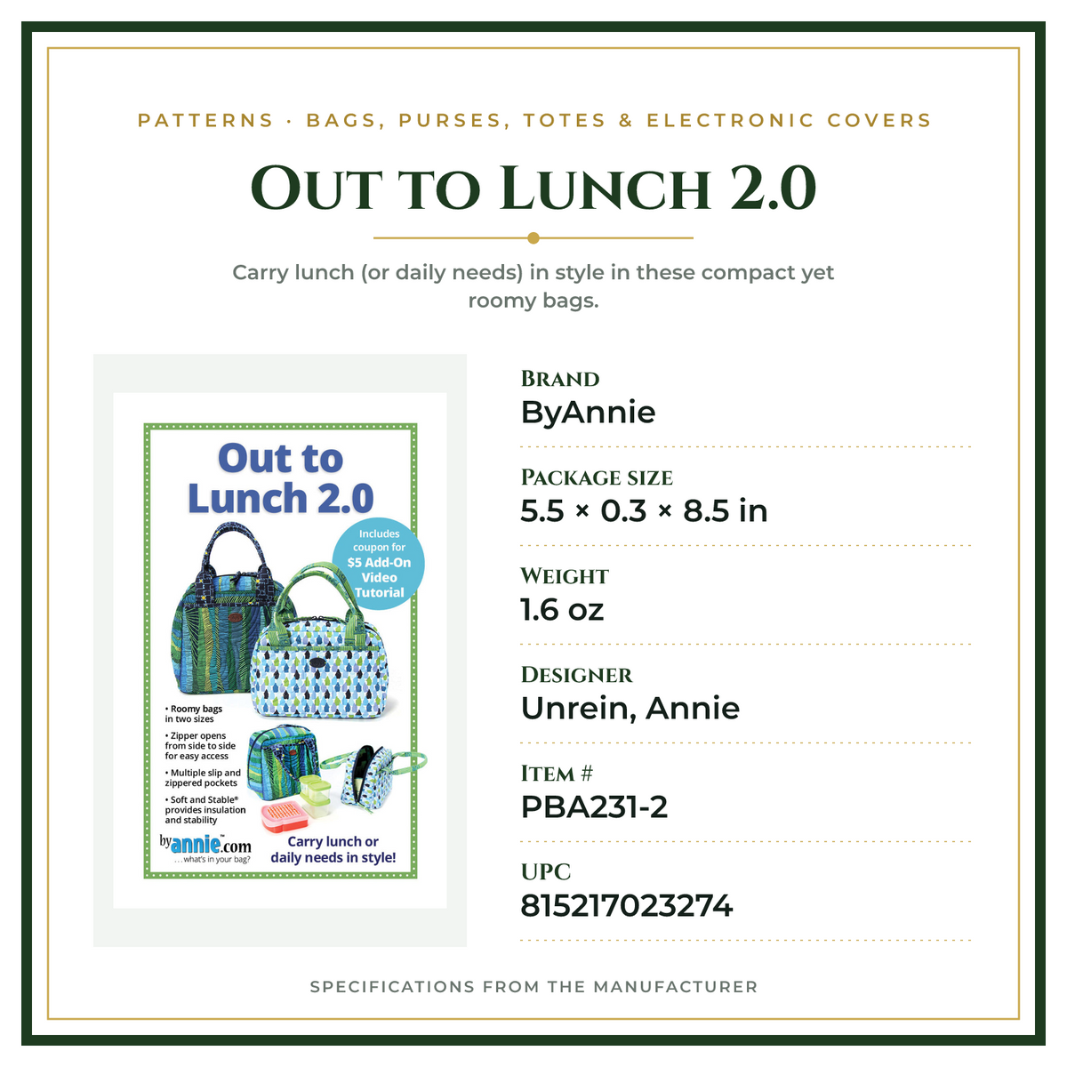 Product Specifications – Out to Lunch 2.0