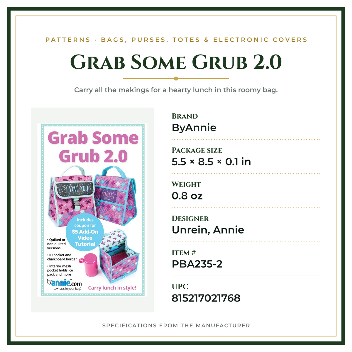 Product Specifications – Grab Some Grub 2.0