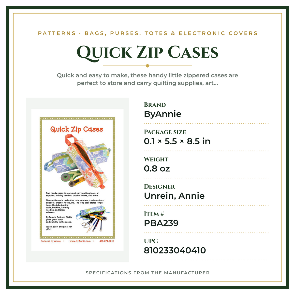 Product Specifications – Quick Zip Cases
