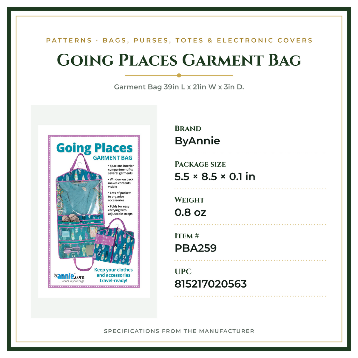 Product Specifications – Going Places Garment Bag