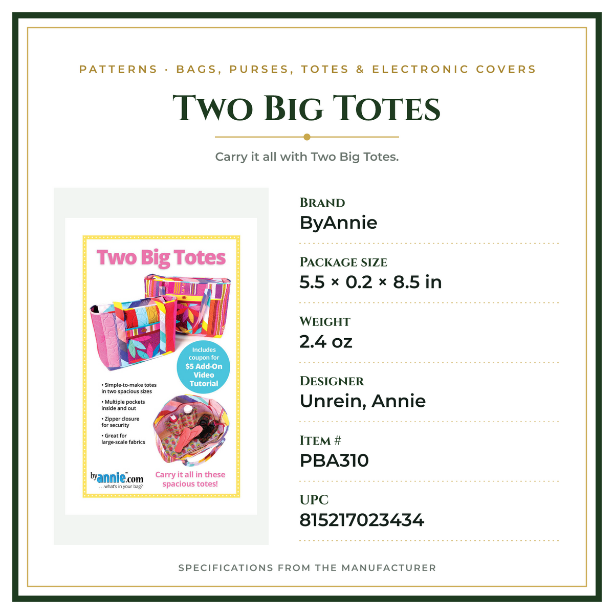Product Specifications – Two Big Totes