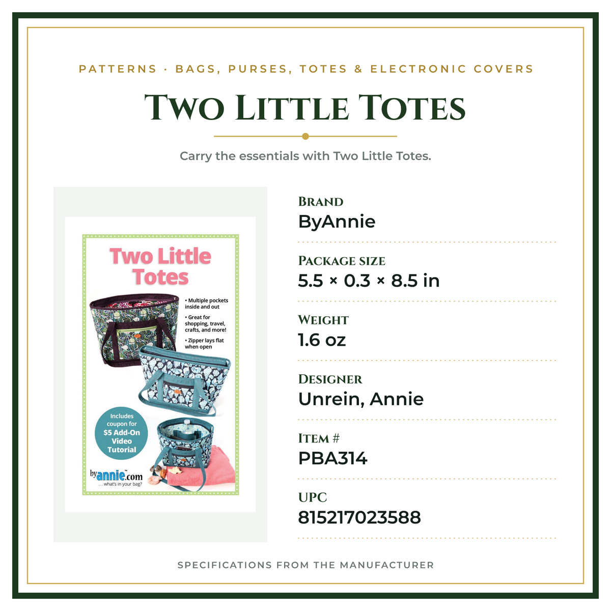 Product Specifications – Two Little Totes