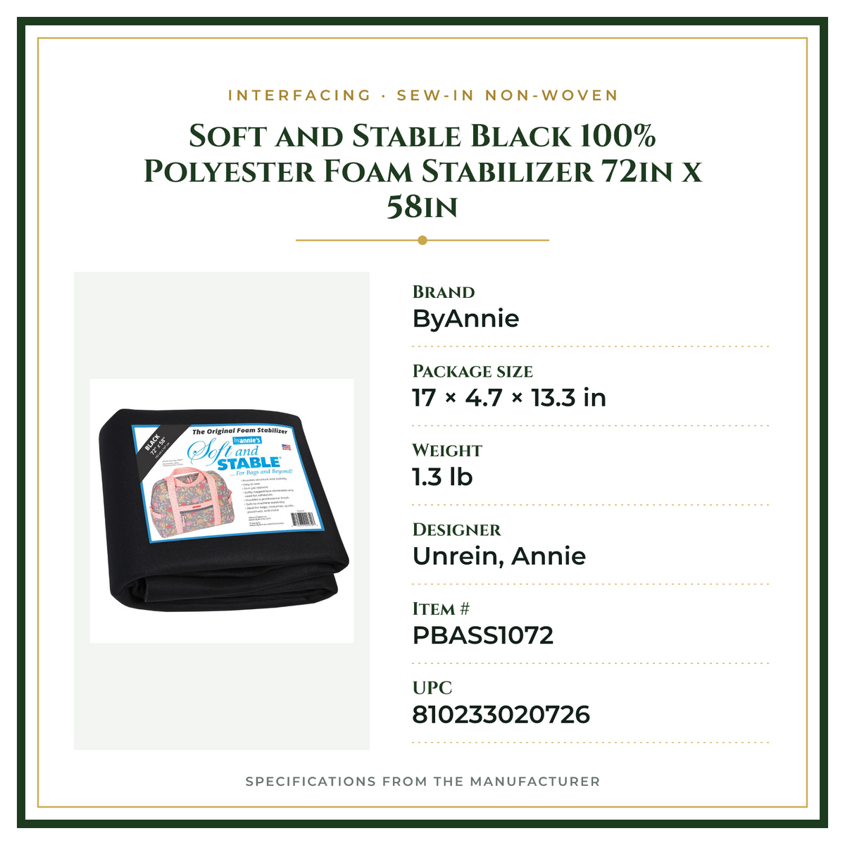 Product Specifications – Soft and Stable Black 100% Polyester Foam Stabilizer 72in x 58in