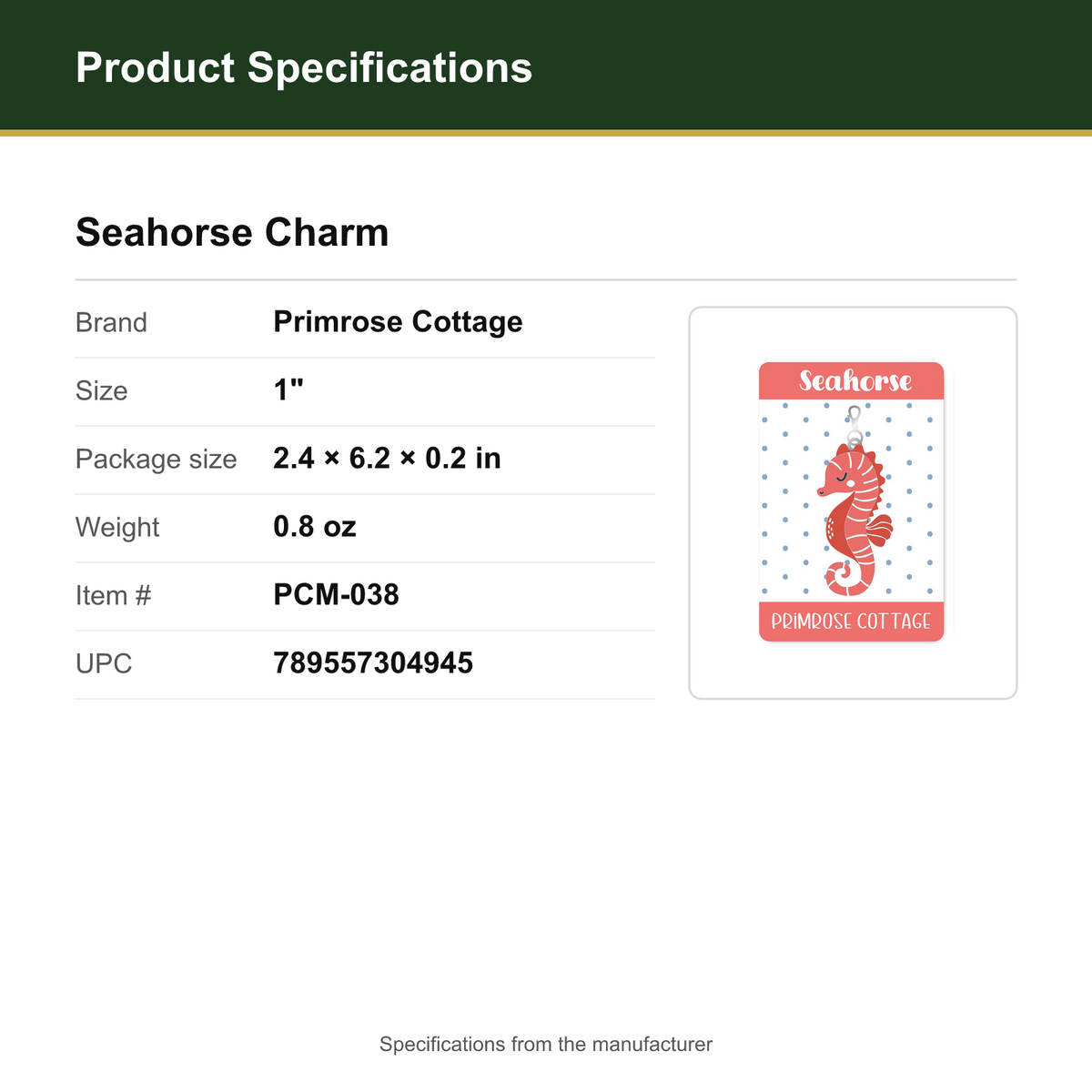 Product Specifications – Seahorse Charm
