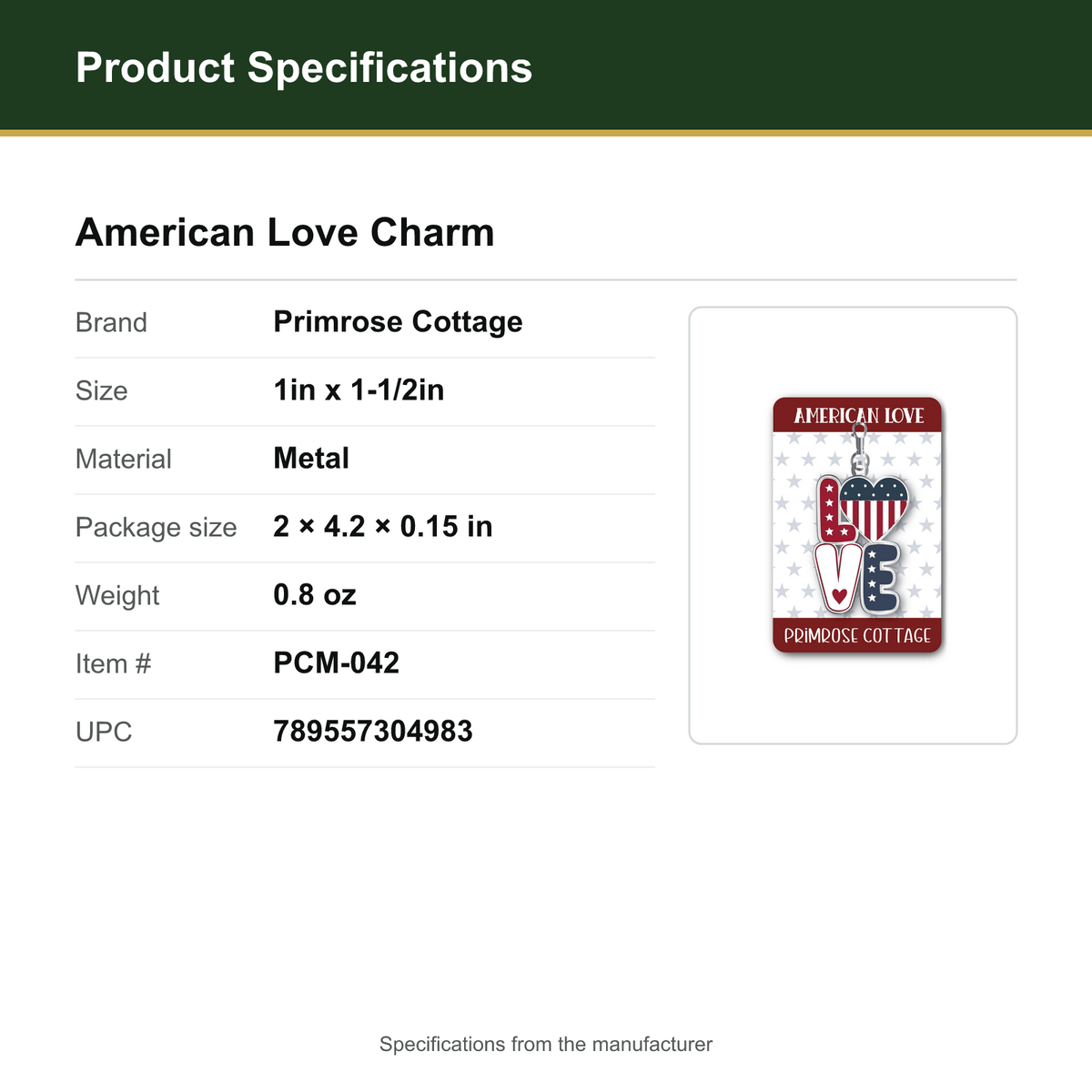 Product Specifications – American Love Charm