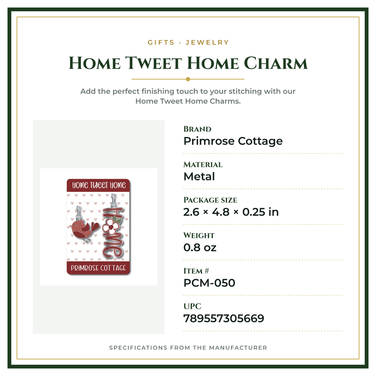 Product Specifications – Home Tweet Home Charm