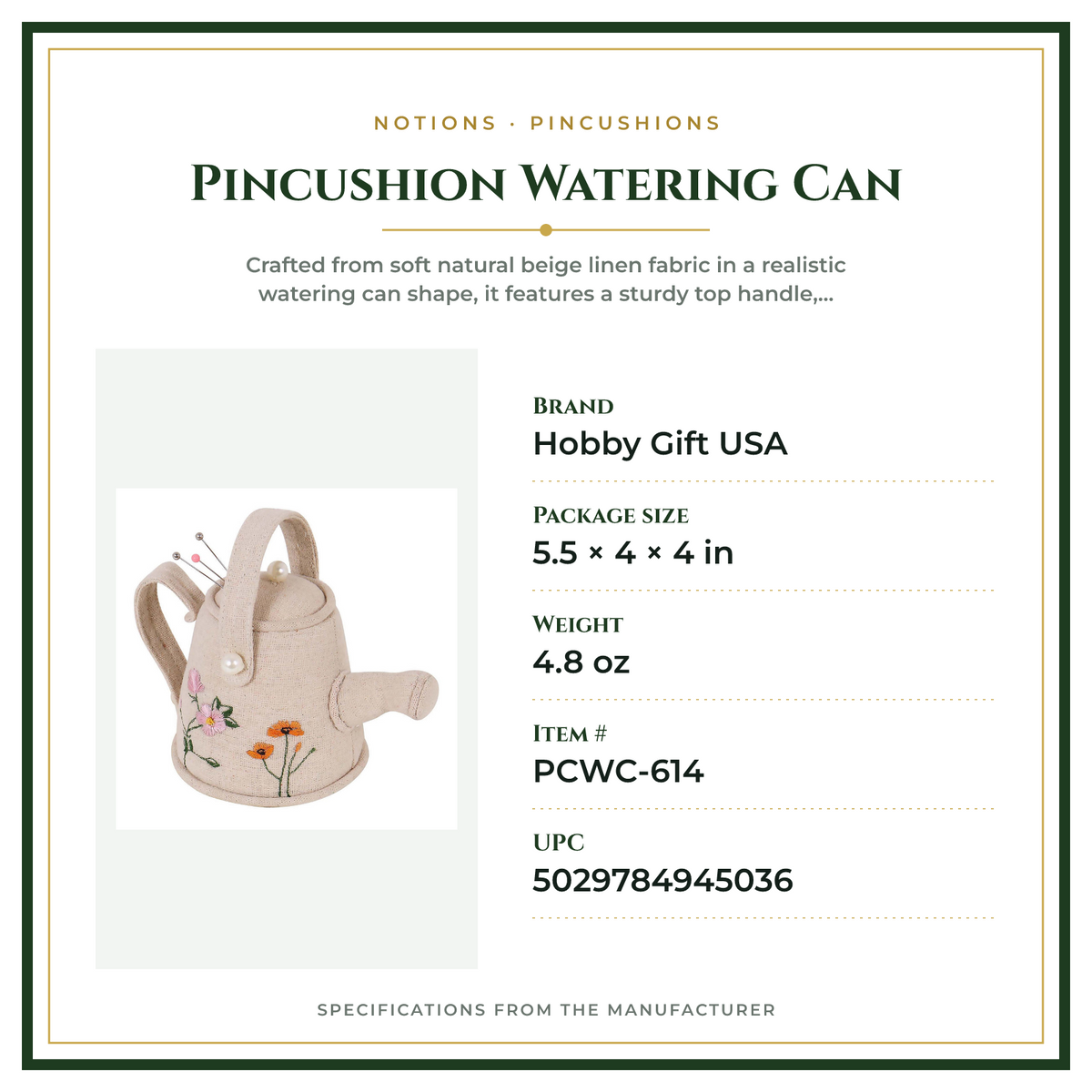 Product Specifications – Pincushion Watering Can