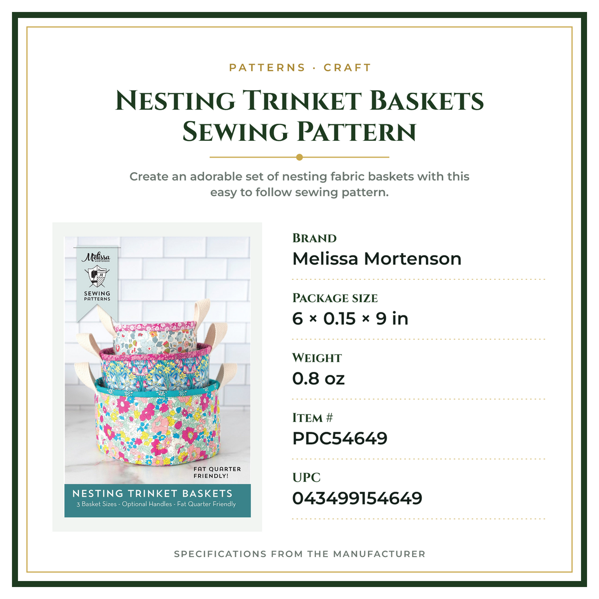 Product Specifications – Nesting Trinket Baskets Sewing Pattern