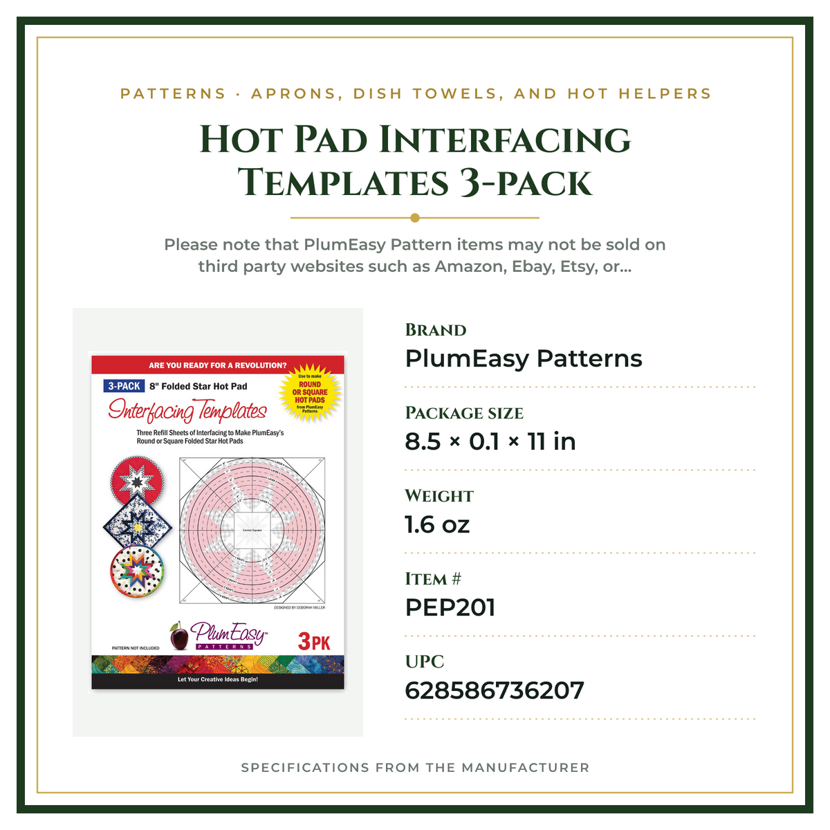 Product Specifications – Hot Pad Interfacing Templates 3-pack
