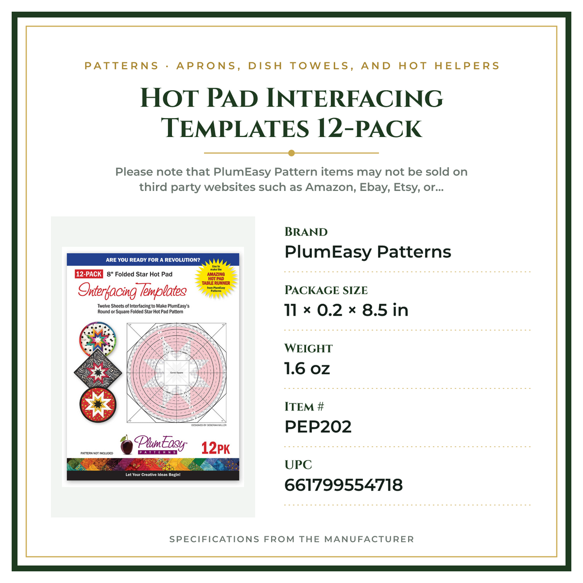 Product Specifications – Hot Pad Interfacing Templates 12-pack