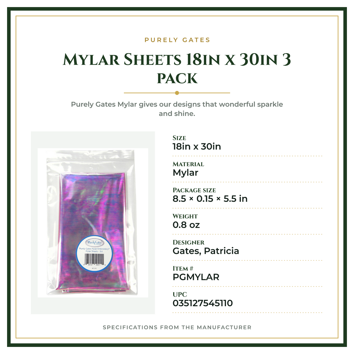 Product Specifications – Mylar Sheets 18in x 30in 3 pack