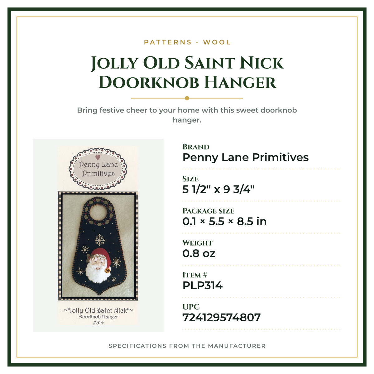 Product Specifications – Jolly Old Saint Nick Doorknob Hanger