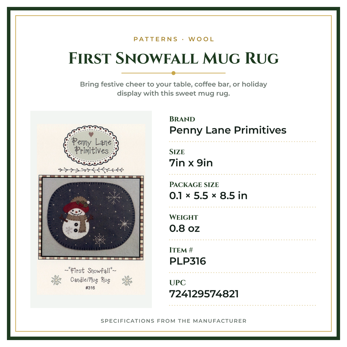 Product Specifications – First Snowfall Mug Rug