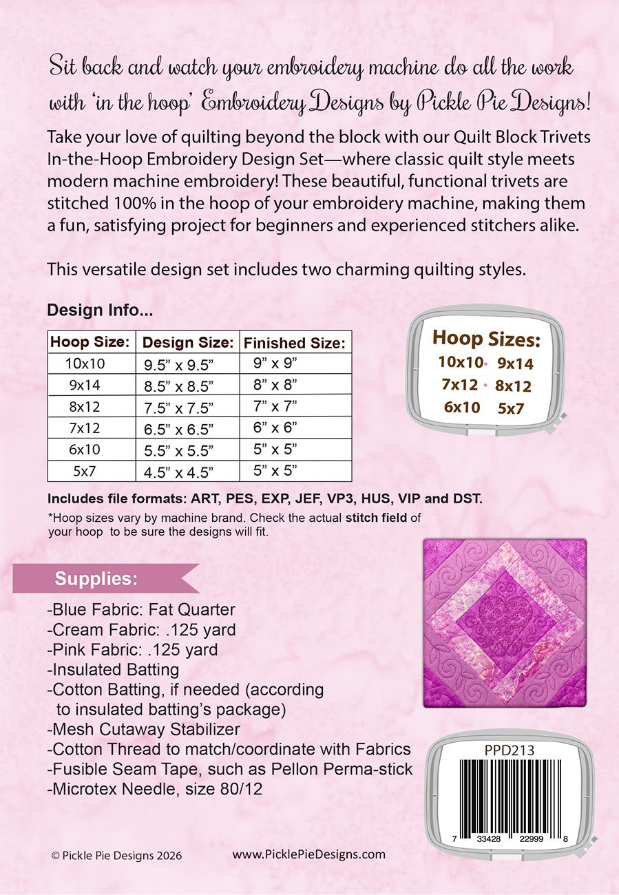 Quilt Block Trivets In-the-Hoop Machine Embroidery Design Set
