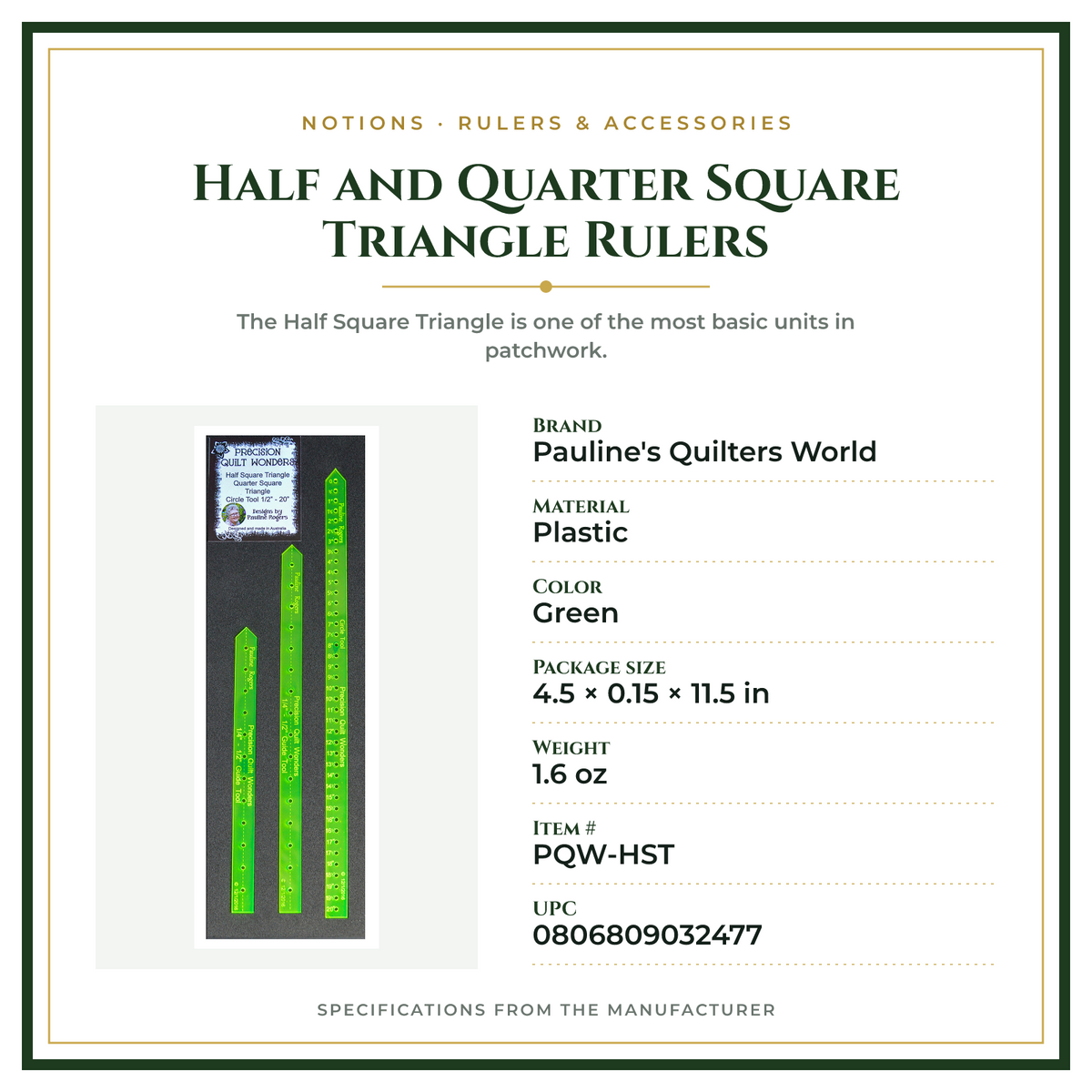 Product Specifications – Half and Quarter Square Triangle Rulers