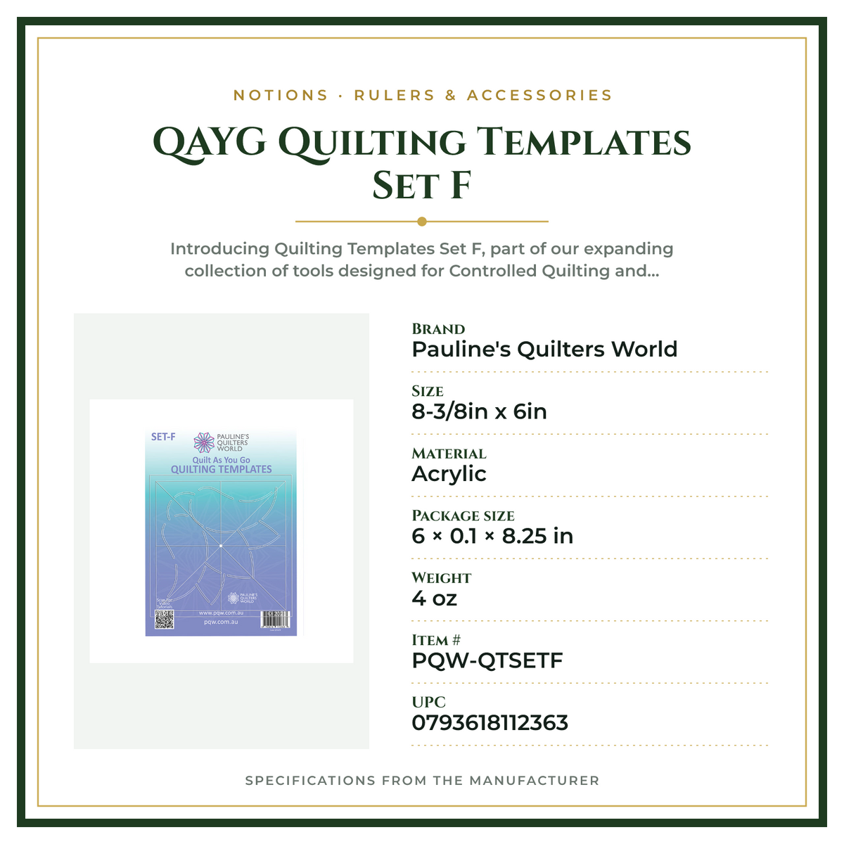 Product Specifications – QAYG Quilting Templates Set F