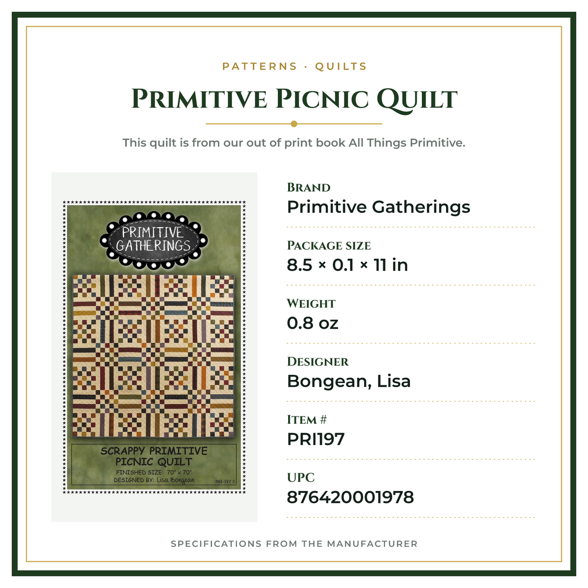 Product Specifications – Primitive Picnic Quilt