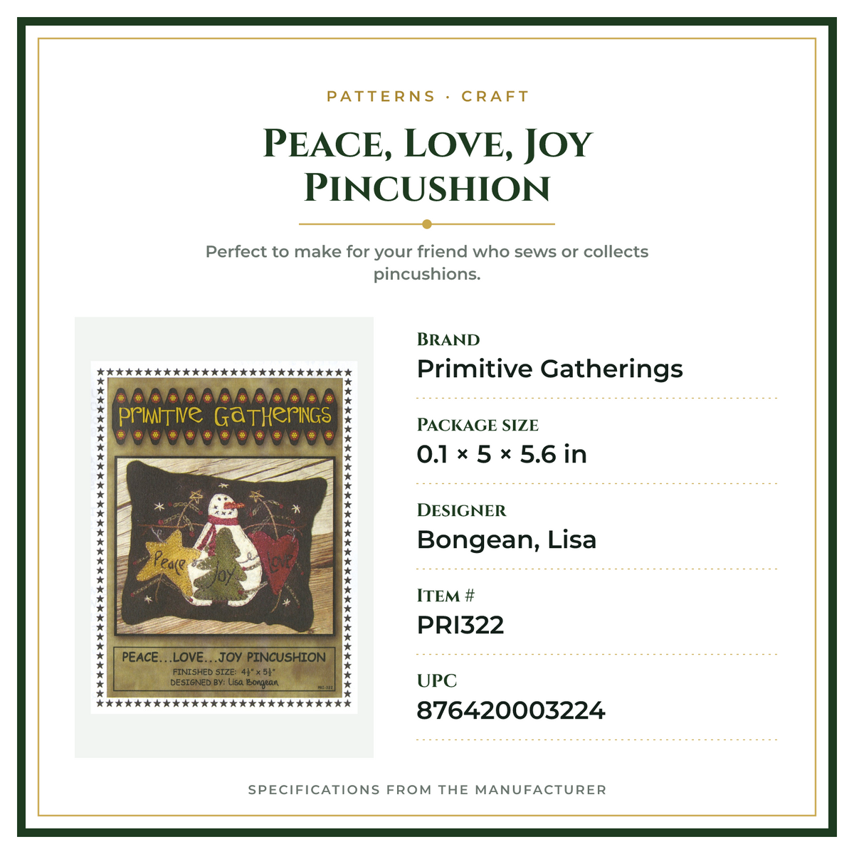 Product Specifications – Peace, Love, Joy Pincushion