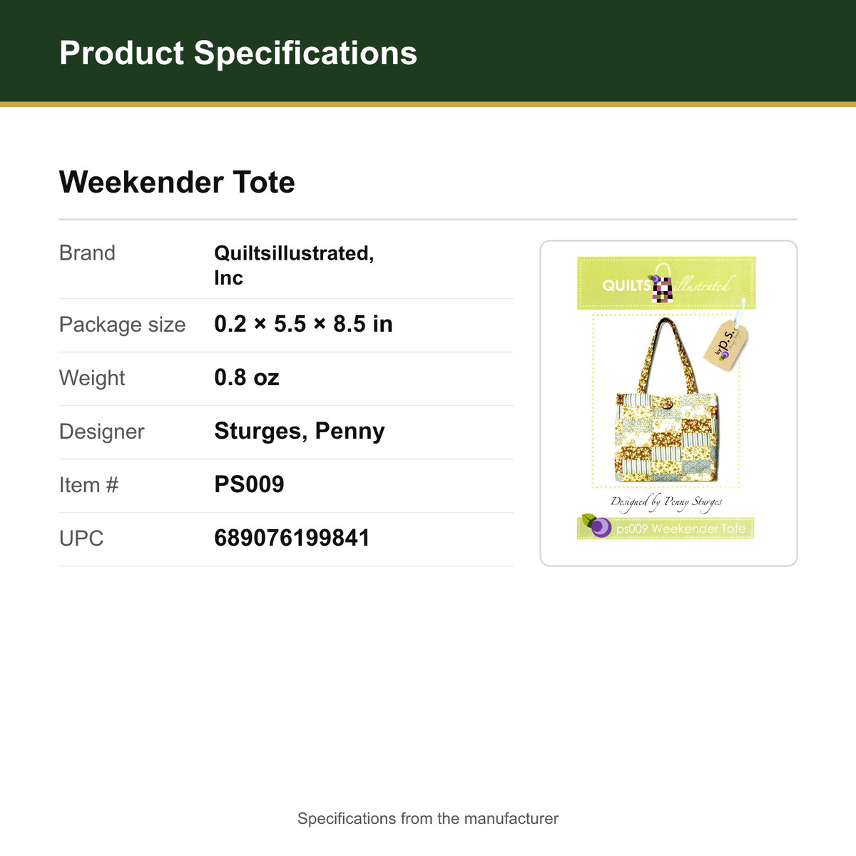 Product Specifications – Weekender Tote
