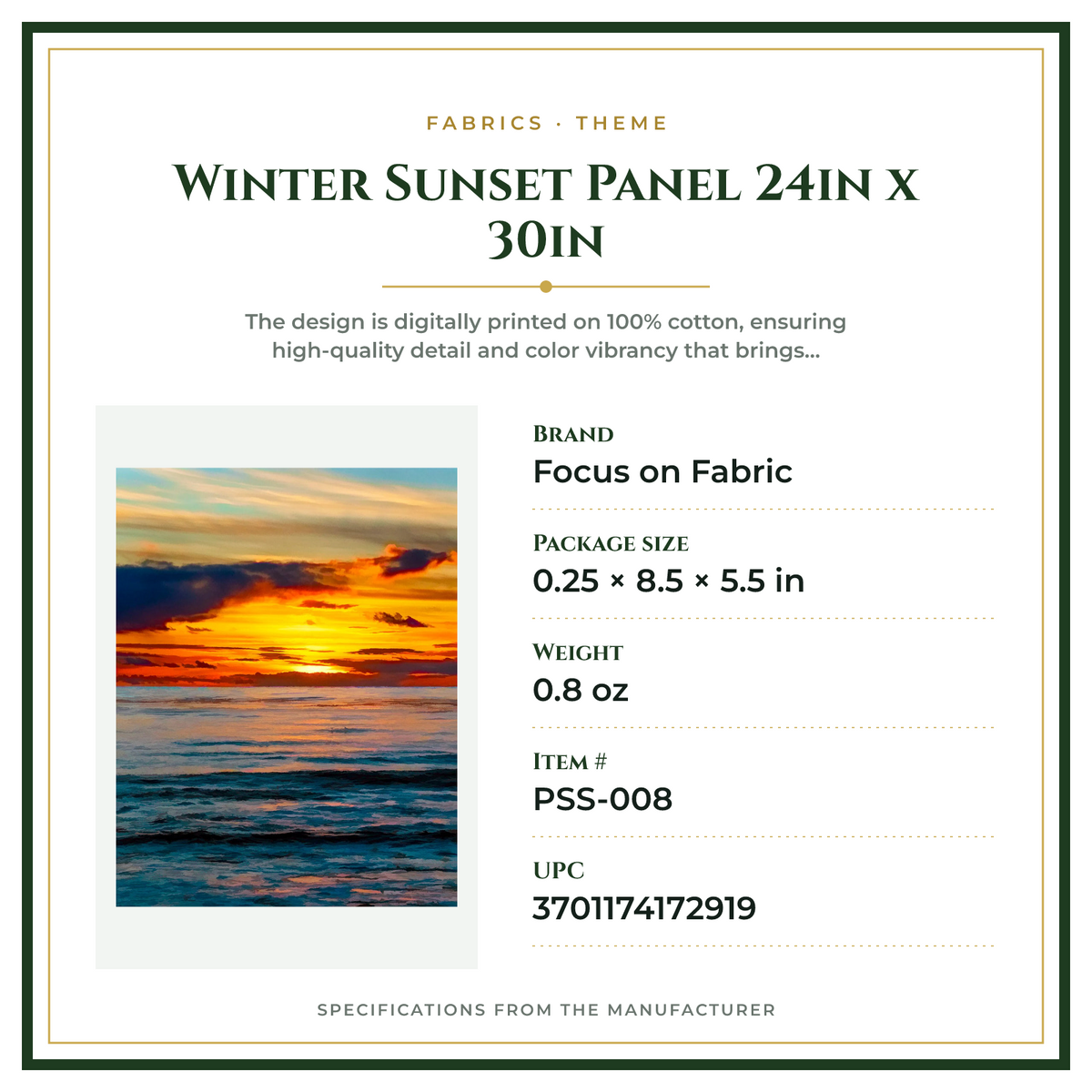 Product Specifications – Winter Sunset Panel 24in x 30in