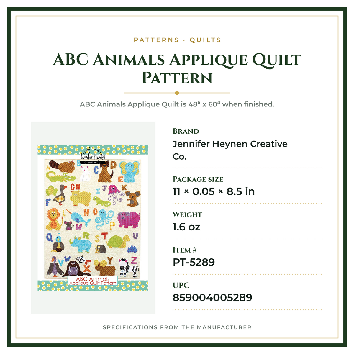 Product Specifications – ABC Animals Applique Quilt Pattern