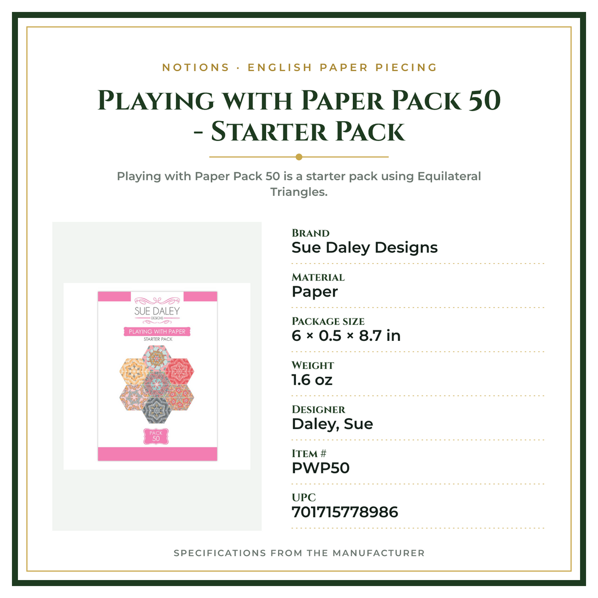 Product Specifications – Playing with Paper Pack 50 - Starter Pack