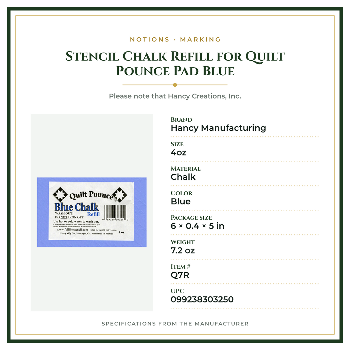 Product Specifications – Stencil Chalk Refill for Quilt Pounce Pad Blue