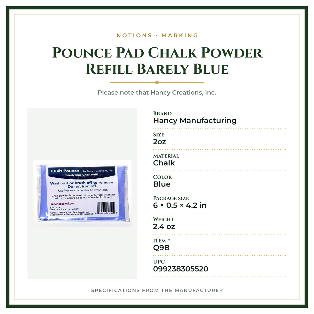 Product Specifications – Pounce Pad Chalk Powder Refill Barely Blue
