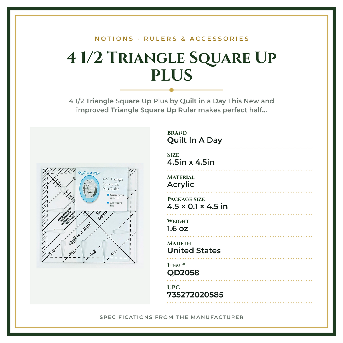 Product Specifications – 4 1/2 Triangle Square Up PLUS