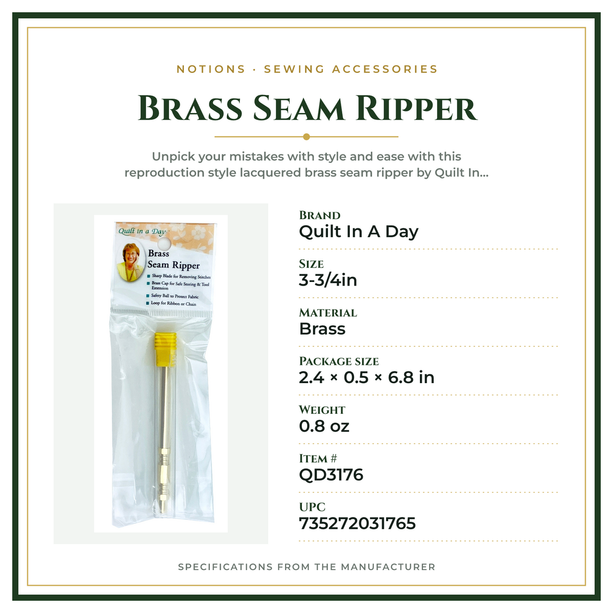 Product Specifications – Brass Seam Ripper