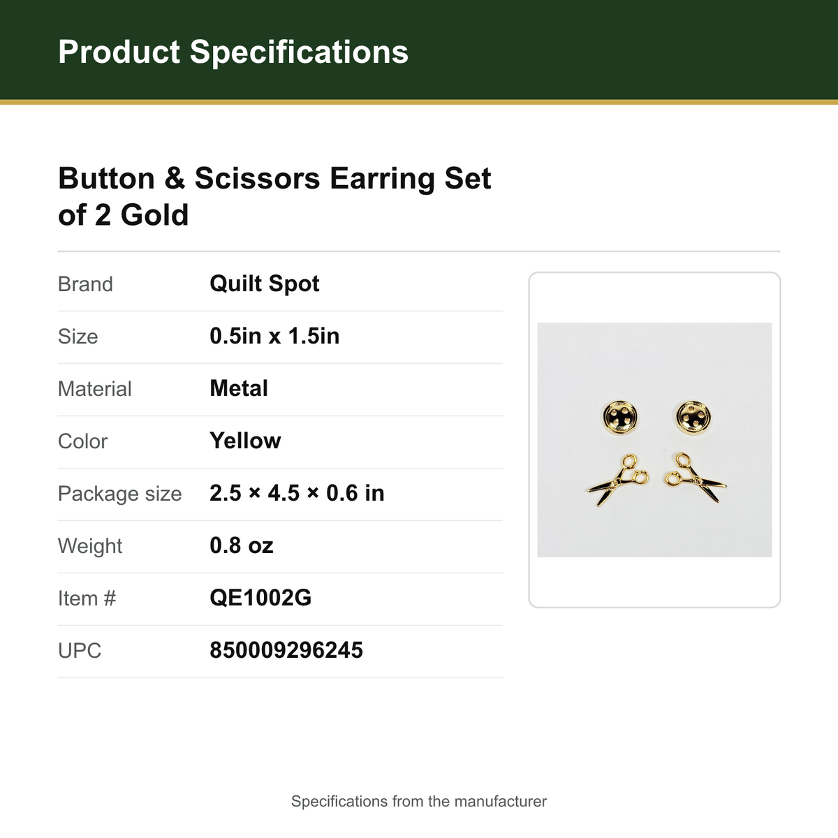 Product Specifications – Button & Scissors Earring Set of 2 Gold