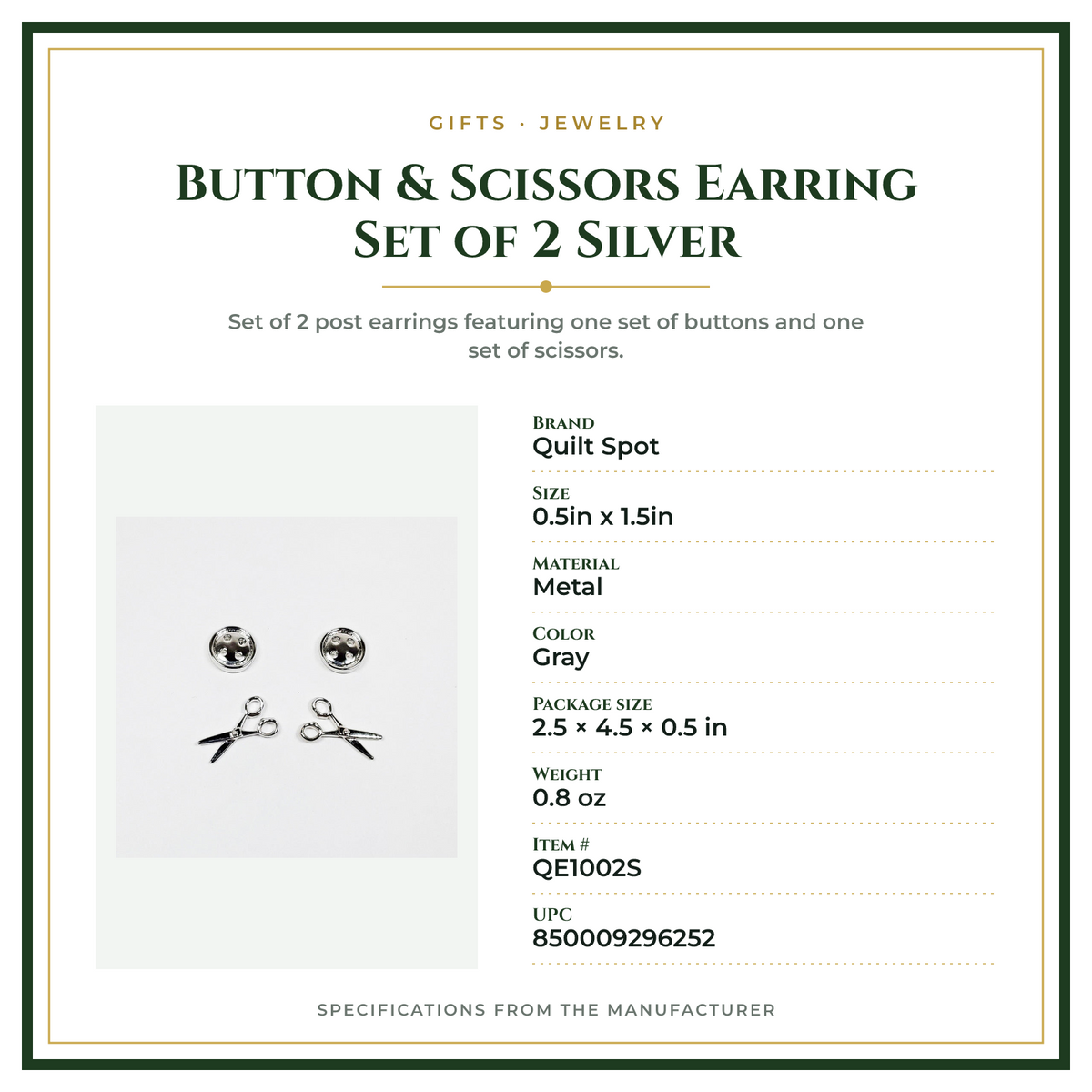 Product Specifications – Button & Scissors Earring Set of 2 Silver