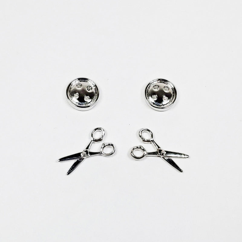 Button & Scissors Earring Set of 2 Silver