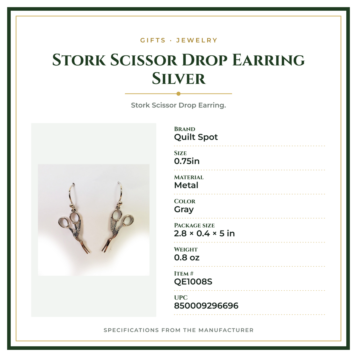 Product Specifications – Stork Scissor Drop Earring Silver