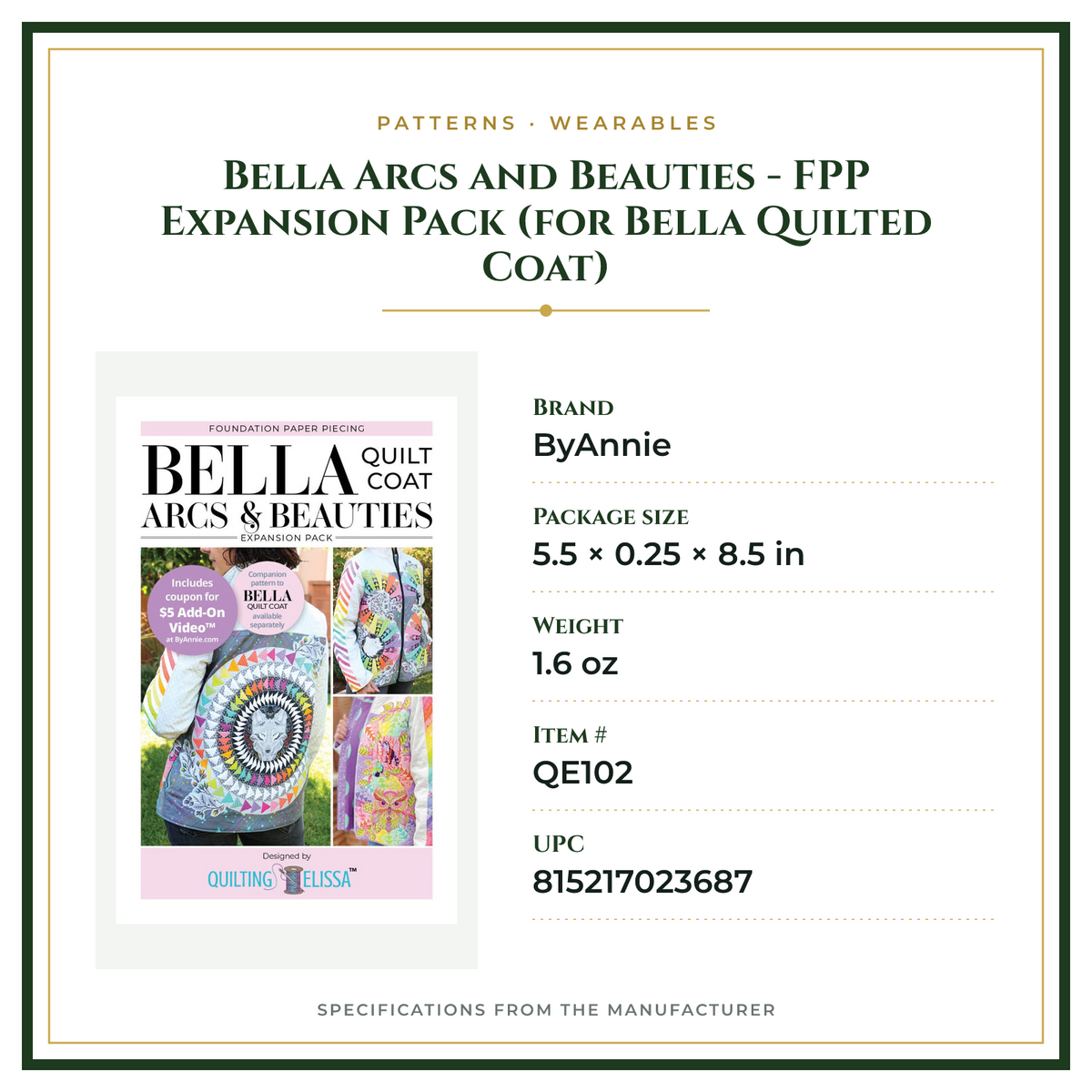 Product Specifications – Bella Arcs and Beauties - FPP Expansion Pack (for Bella Quilted Coat)