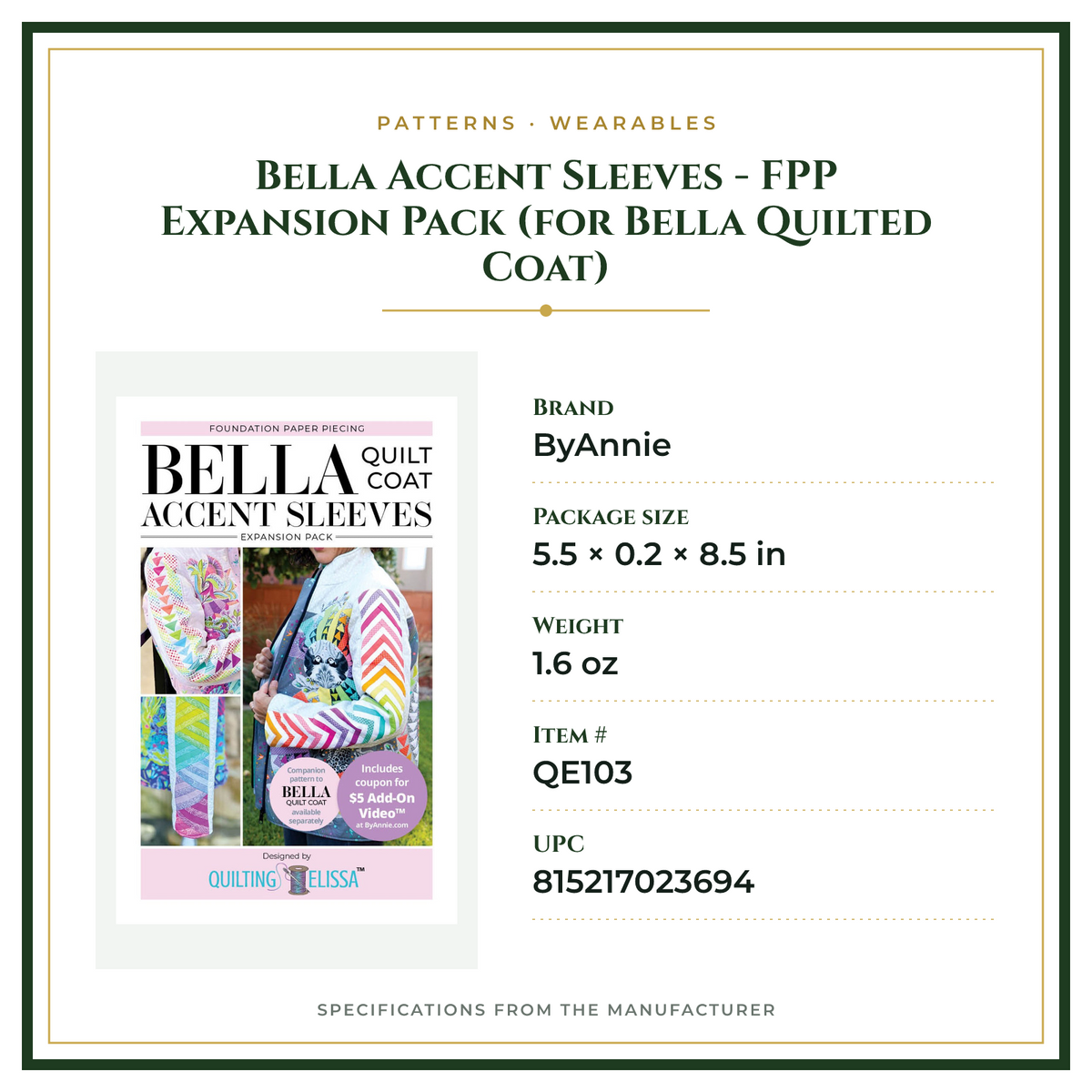 Product Specifications – Bella Accent Sleeves - FPP Expansion Pack (for Bella Quilted Coat)