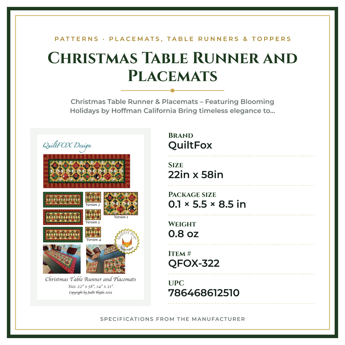 Product Specifications – Christmas Table Runner and Placemats