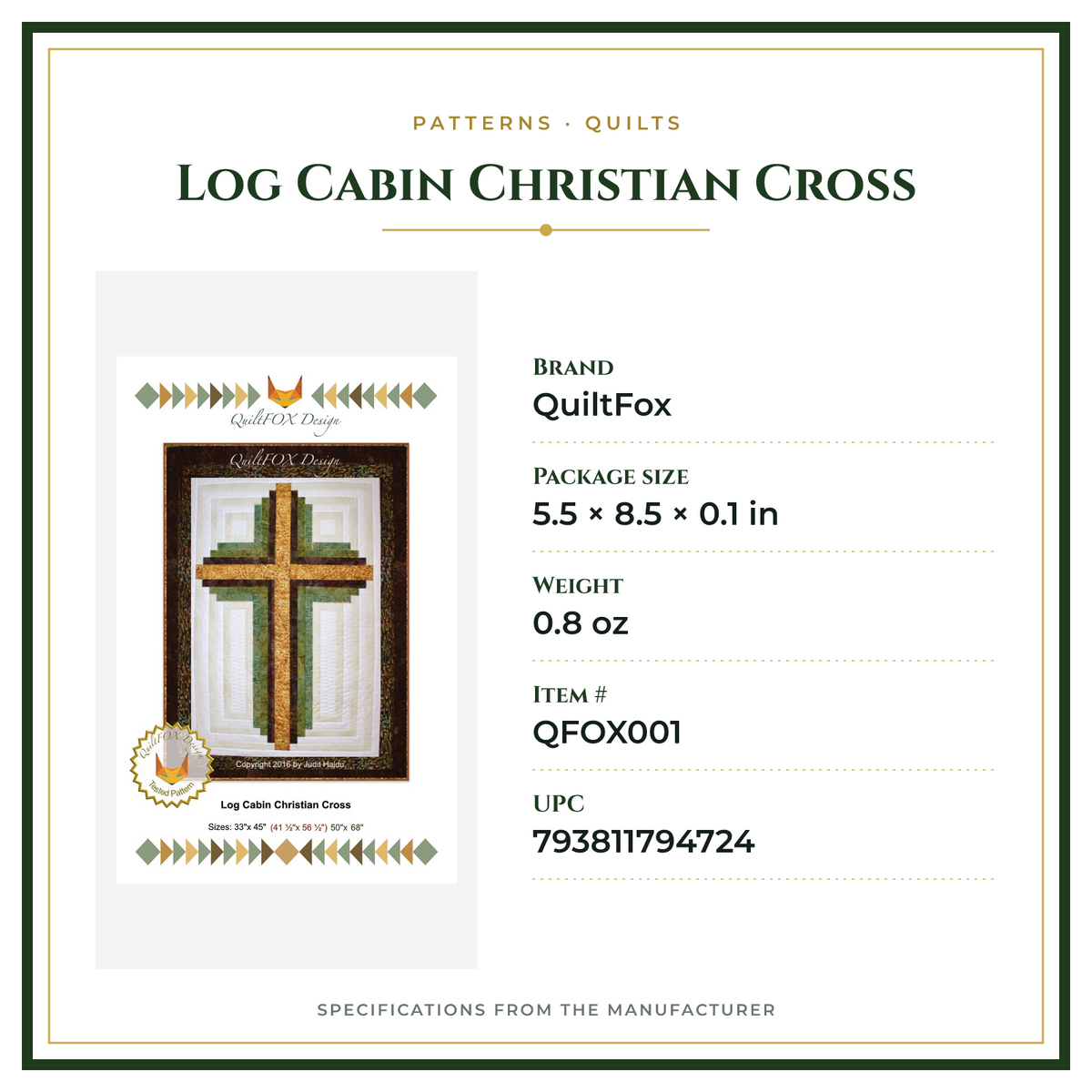Product Specifications – Log Cabin Christian Cross