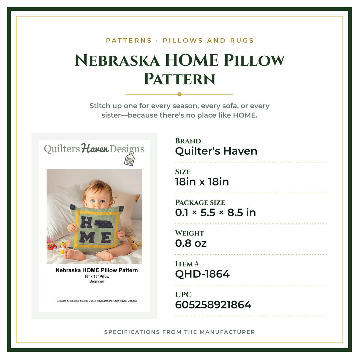 Product Specifications – Nebraska HOME Pillow Pattern