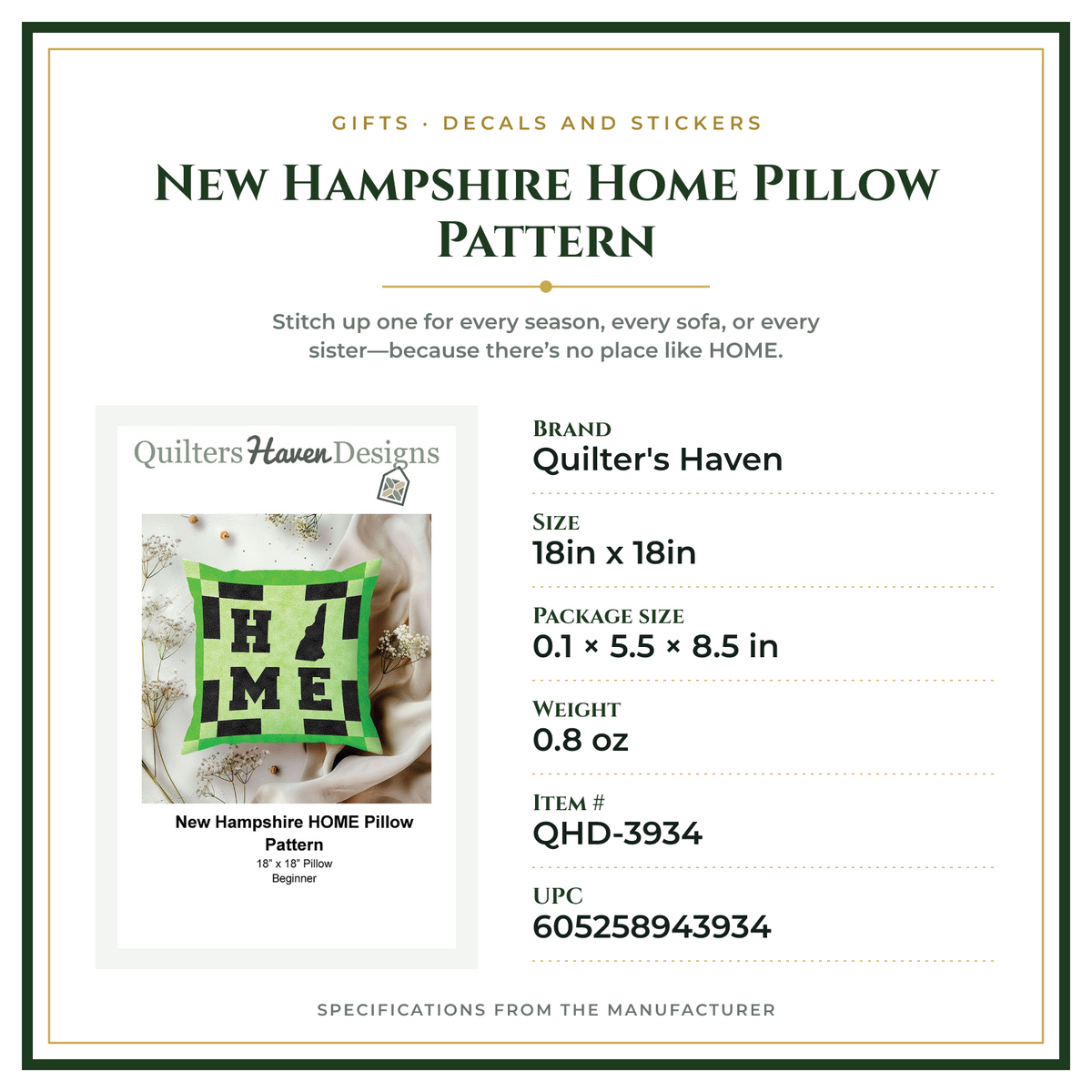 Product Specifications – New Hampshire Home Pillow Pattern