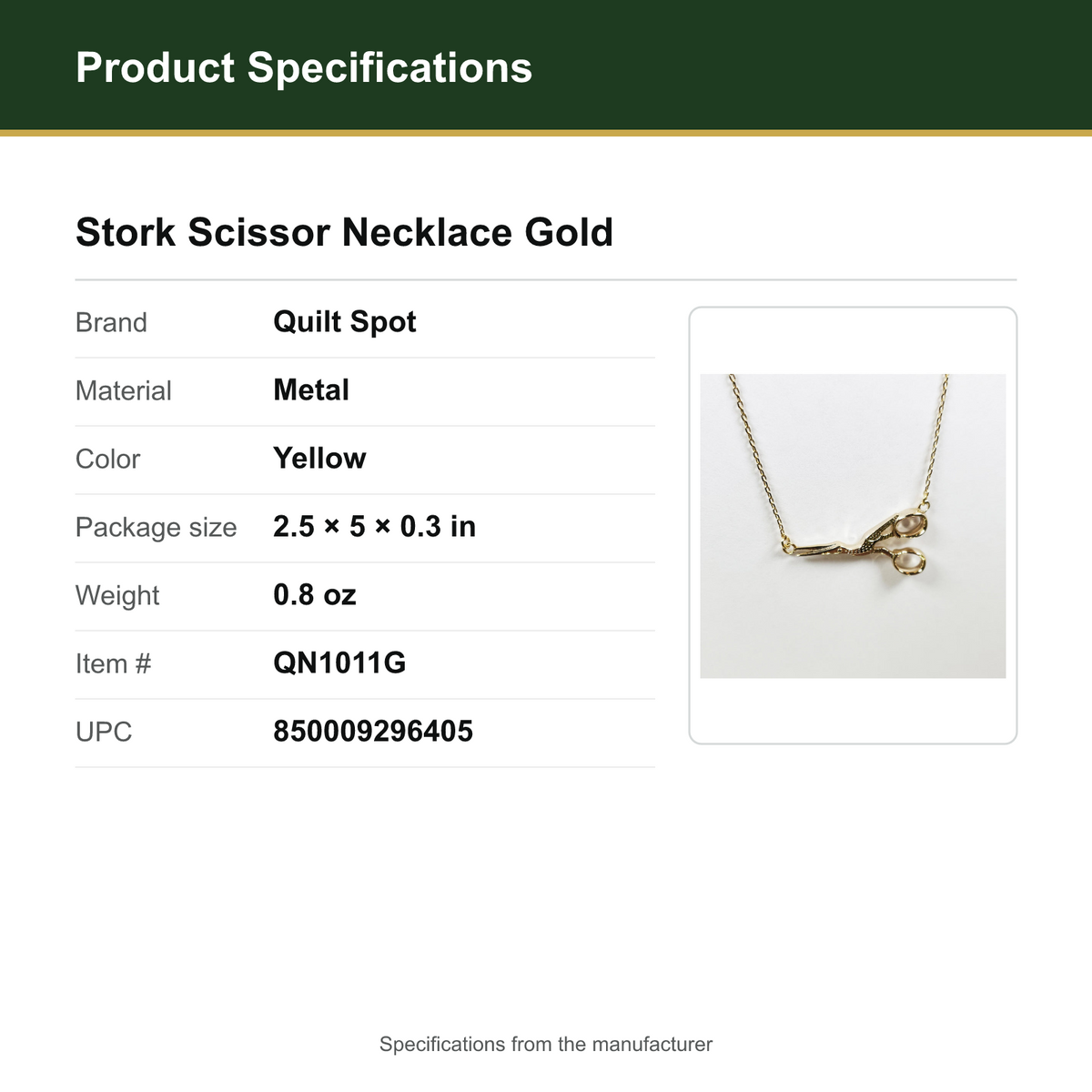 Product Specifications – Stork Scissor Necklace Gold