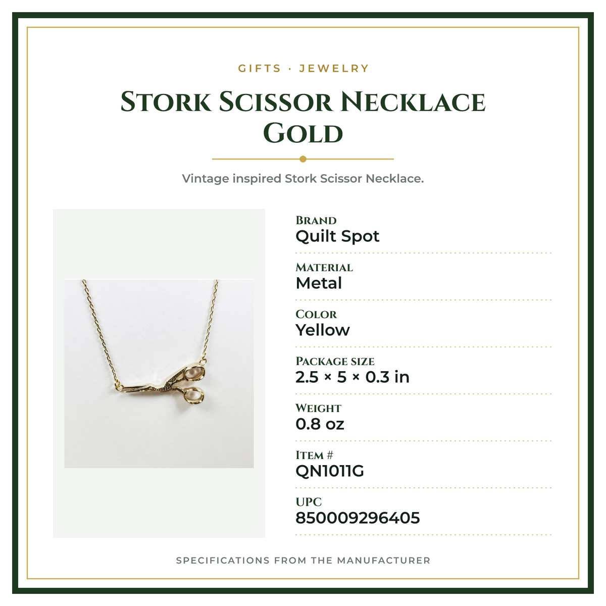 Product Specifications – Stork Scissor Necklace Gold