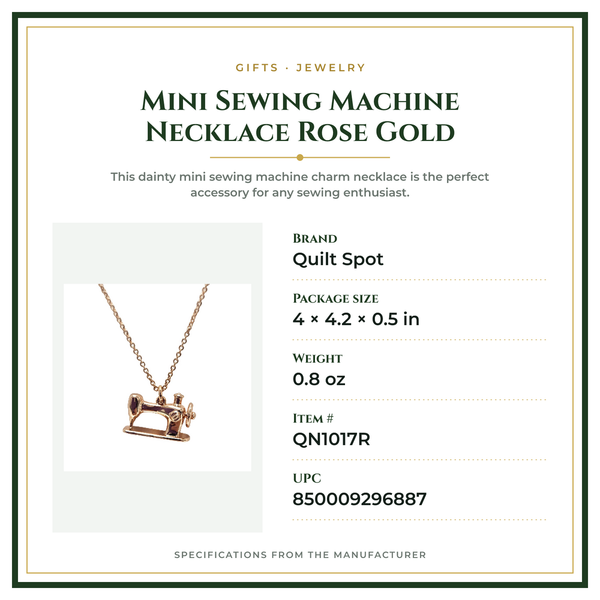 Product Specifications – Mini Sewing Machine Necklace Rose Gold